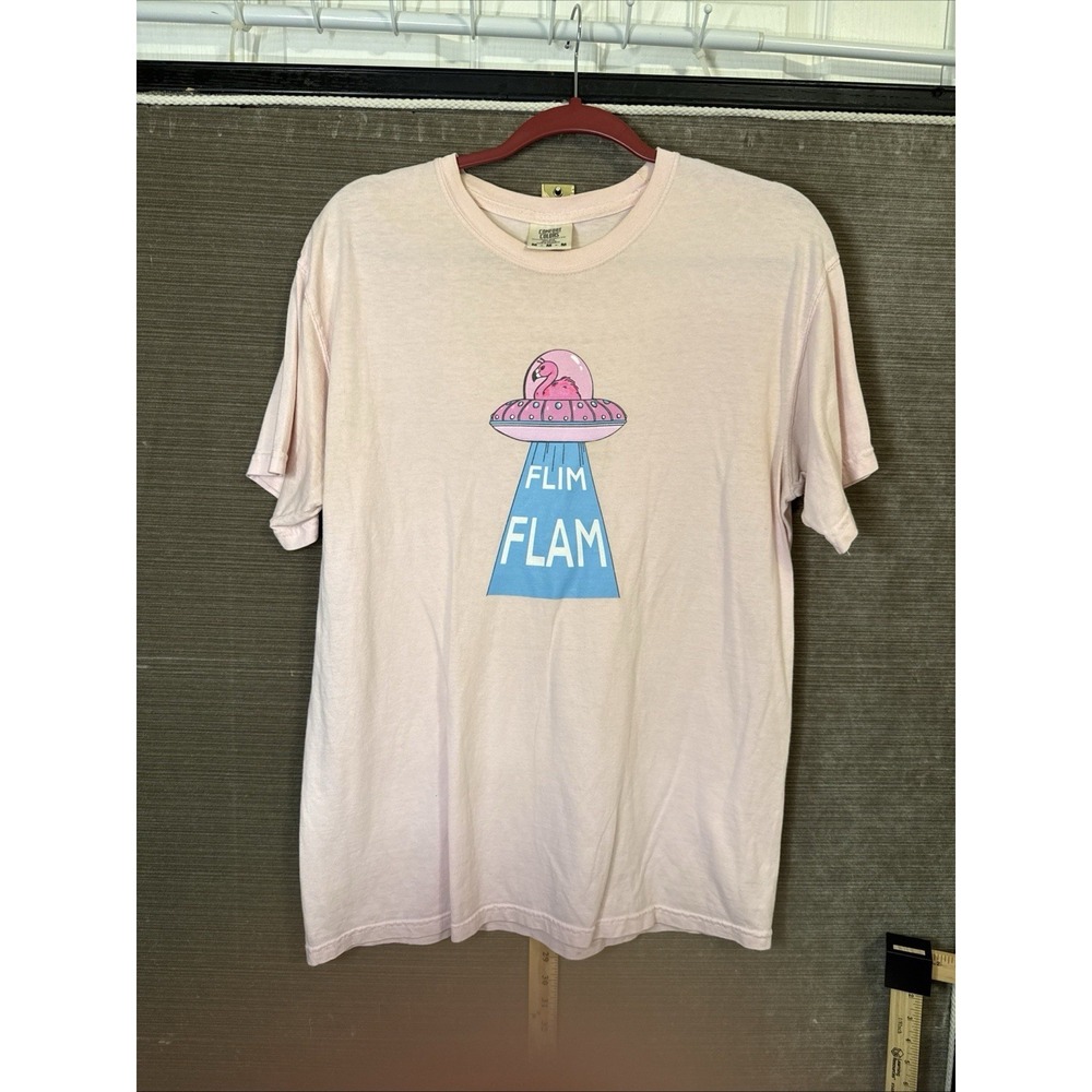 Flim Flam Pink Flamingo In Space Ship Comfort Colors Medium Light Pink Tee Shirt